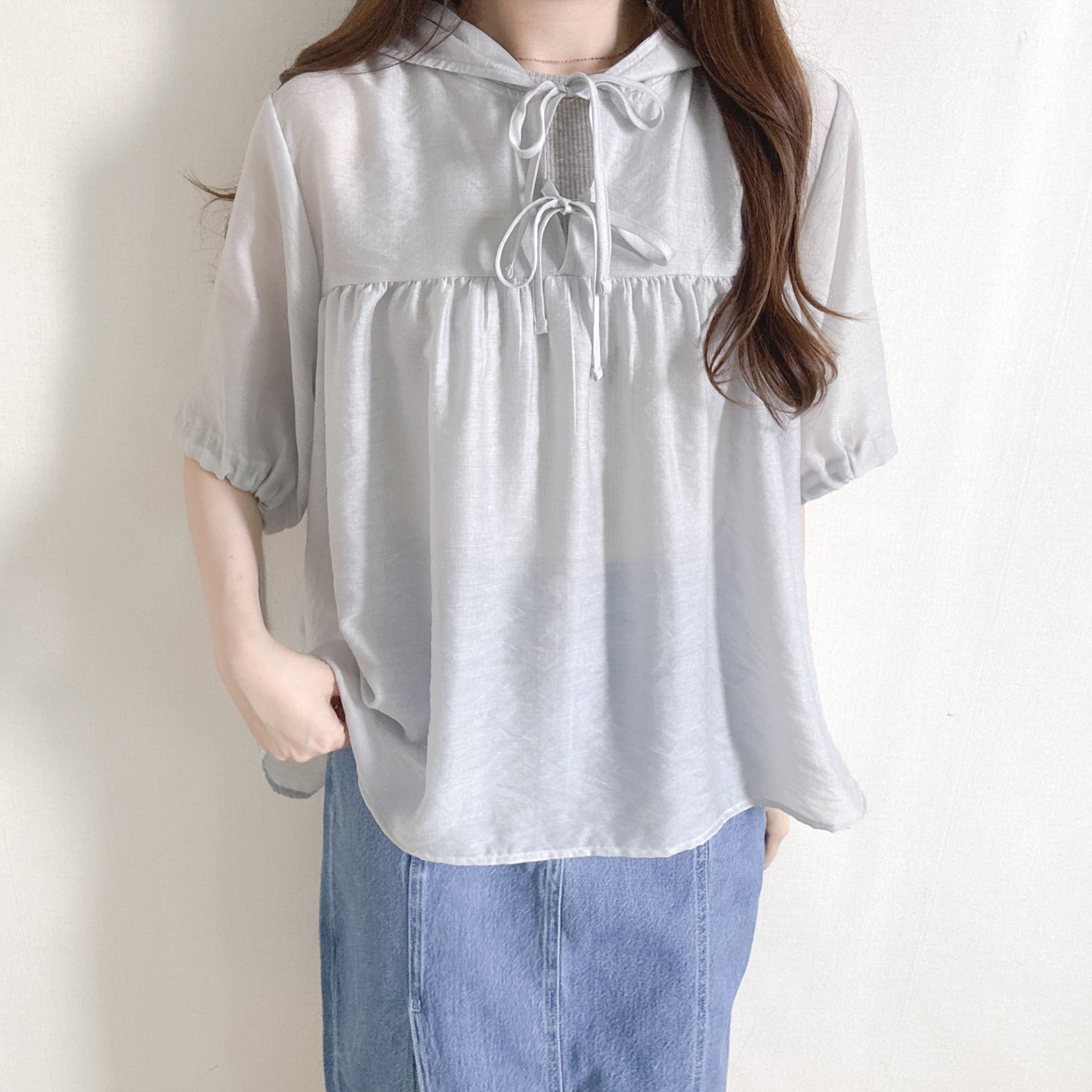 蝴蝶結透視有帽top