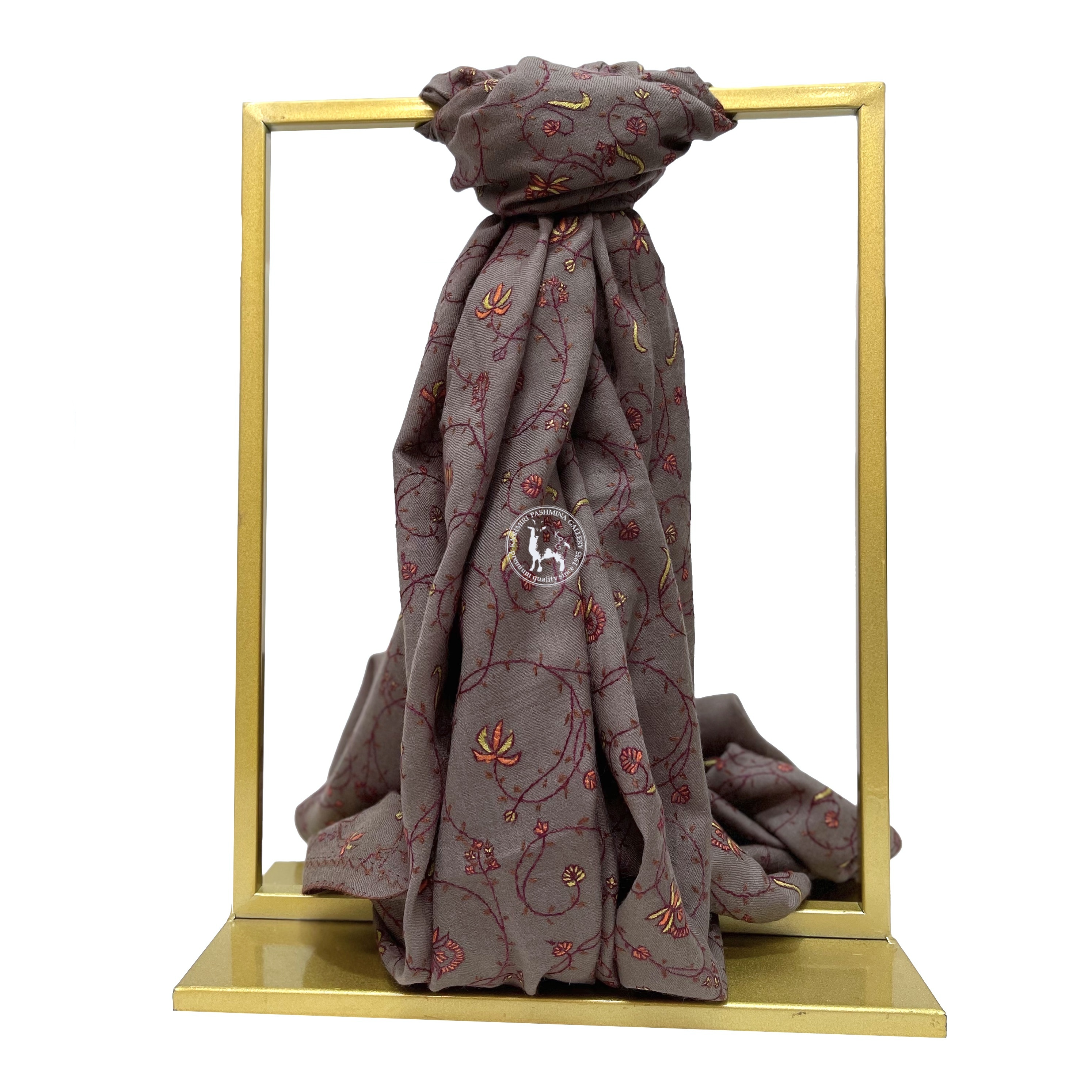 深卡其色刺繡喀什米爾羊絨披肩圍巾