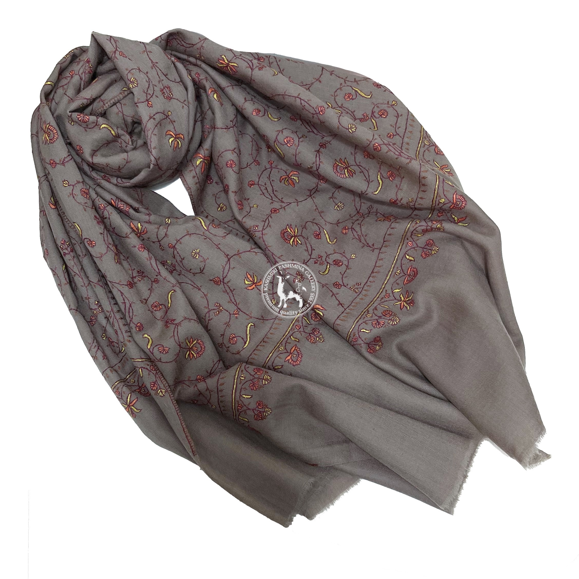 深卡其色刺繡喀什米爾羊絨披肩圍巾