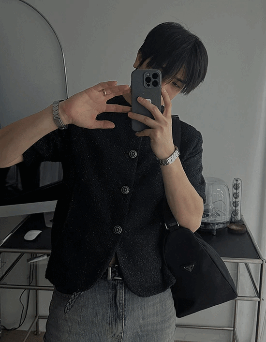 珍珠粗花呢短袖夾克外套