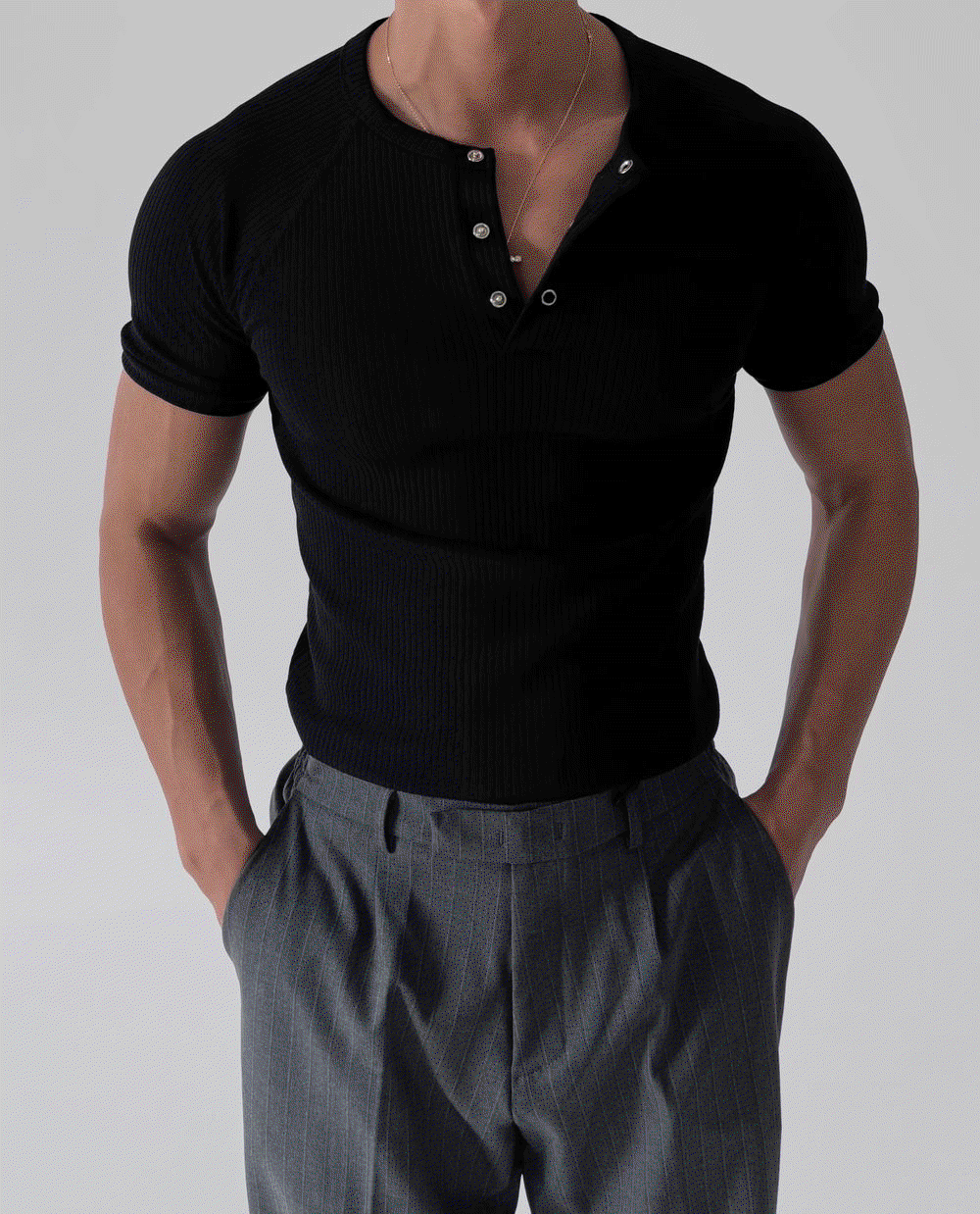 羅紋亨利領短袖上衣