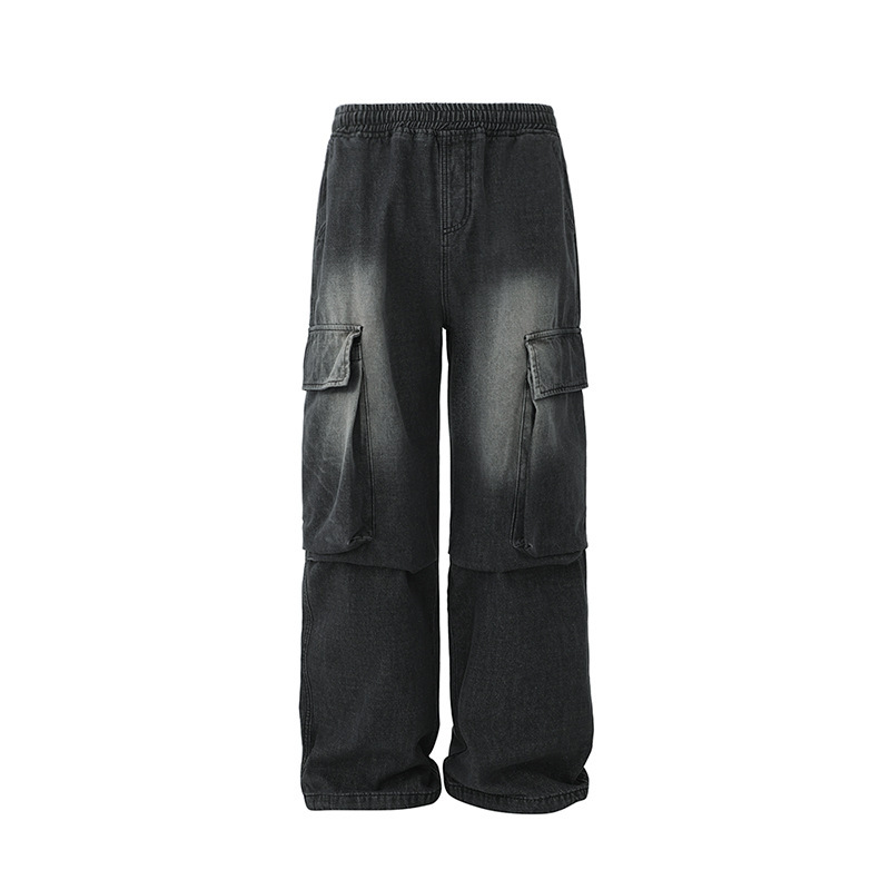 韓系復古水洗直筒寬鬆闊腿工裝褲