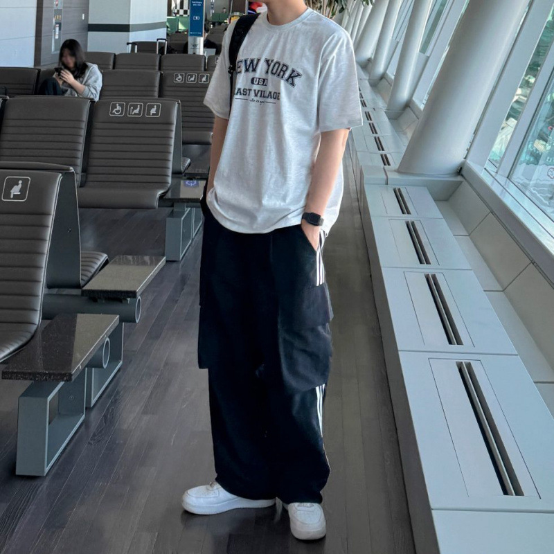 韓系側條紋寬鬆設計感運動褲