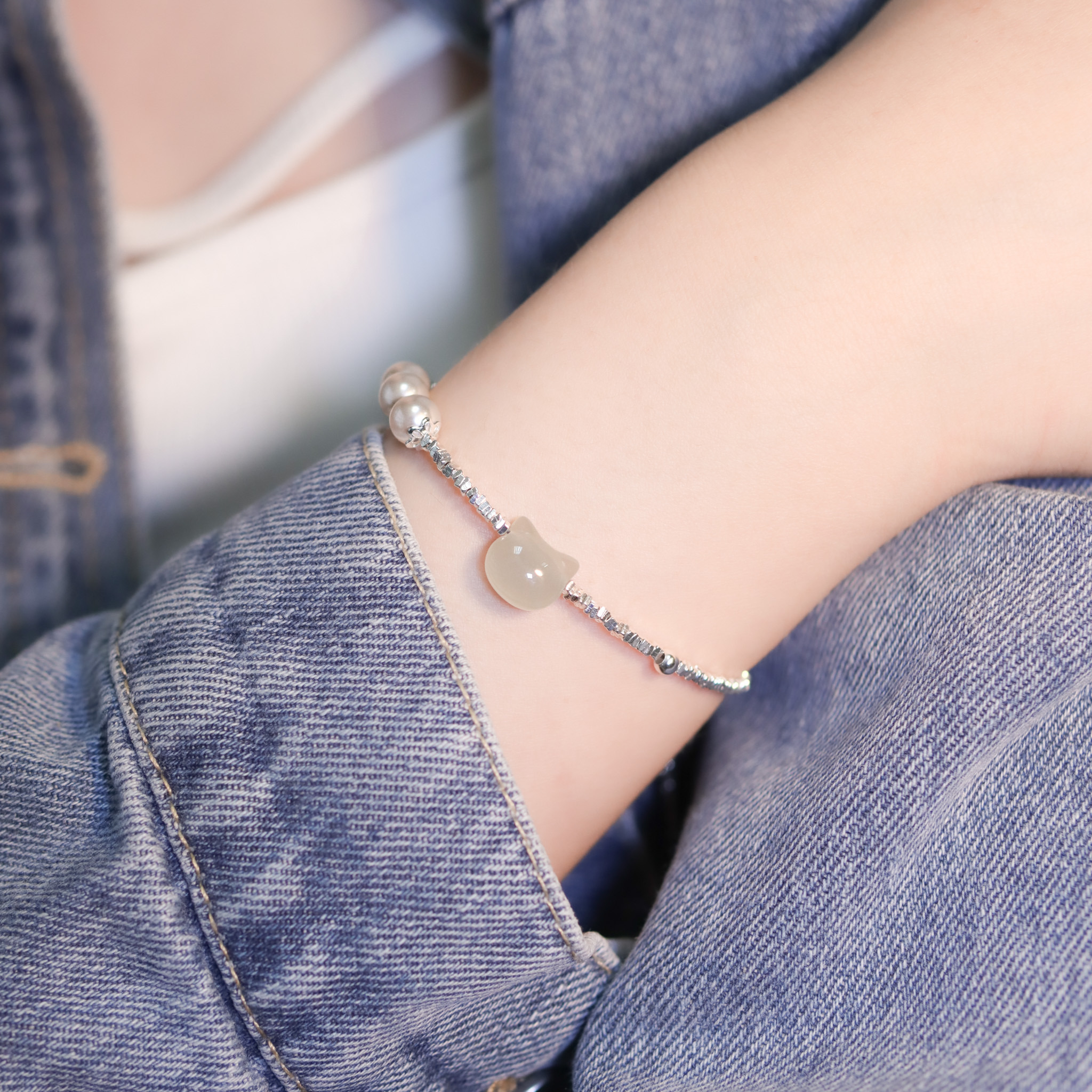 | 925純銀・白金・珍珠 | 薄荷喵趣手鏈 | BR1347 |