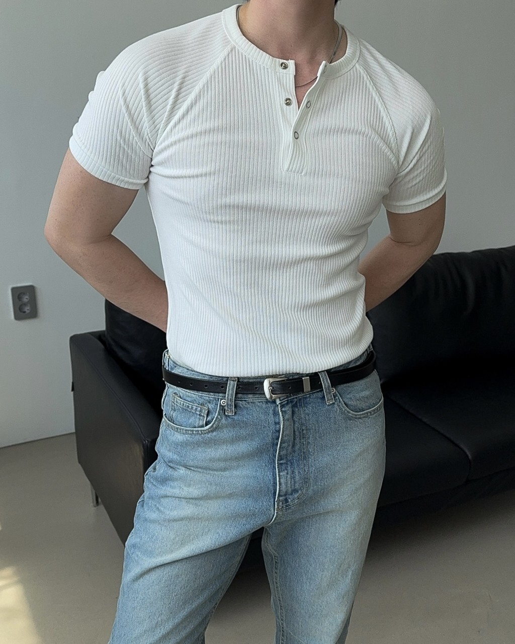 羅紋亨利領短袖上衣