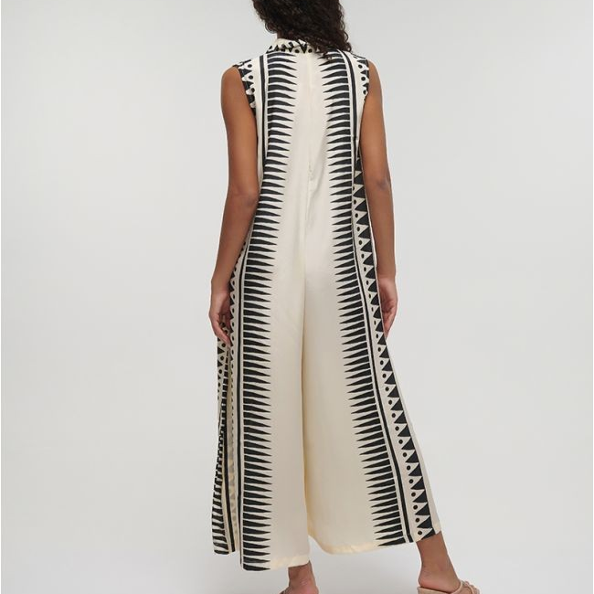 1BE0527-052 Greece Style Resort Clothing Long Jumpsuit in Beige/Black Color with Geometrical Print One Size #5-41-348-1221 (C-EU-E)