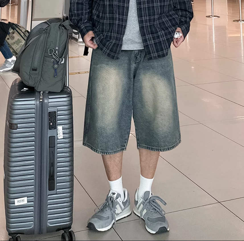 復古風牛仔短褲男士夏季闊腿休閒七分褲韓系通勤風百搭褲子