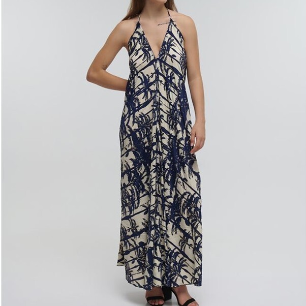 1BE0527-094 Greece Style Resort Clothing Long Backless Dress Palms In Blue Color With Gold Details #5-41-348-1031 (C-EU-E)