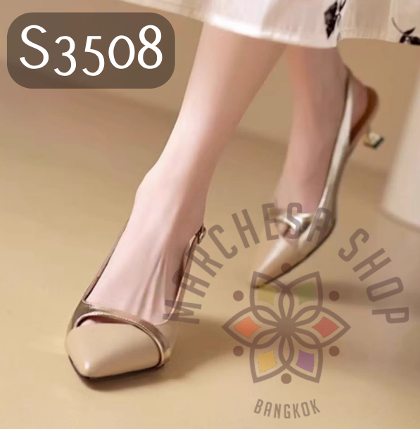 S3508 - 頭層牛皮拼色鏤空尖頭高踭鞋