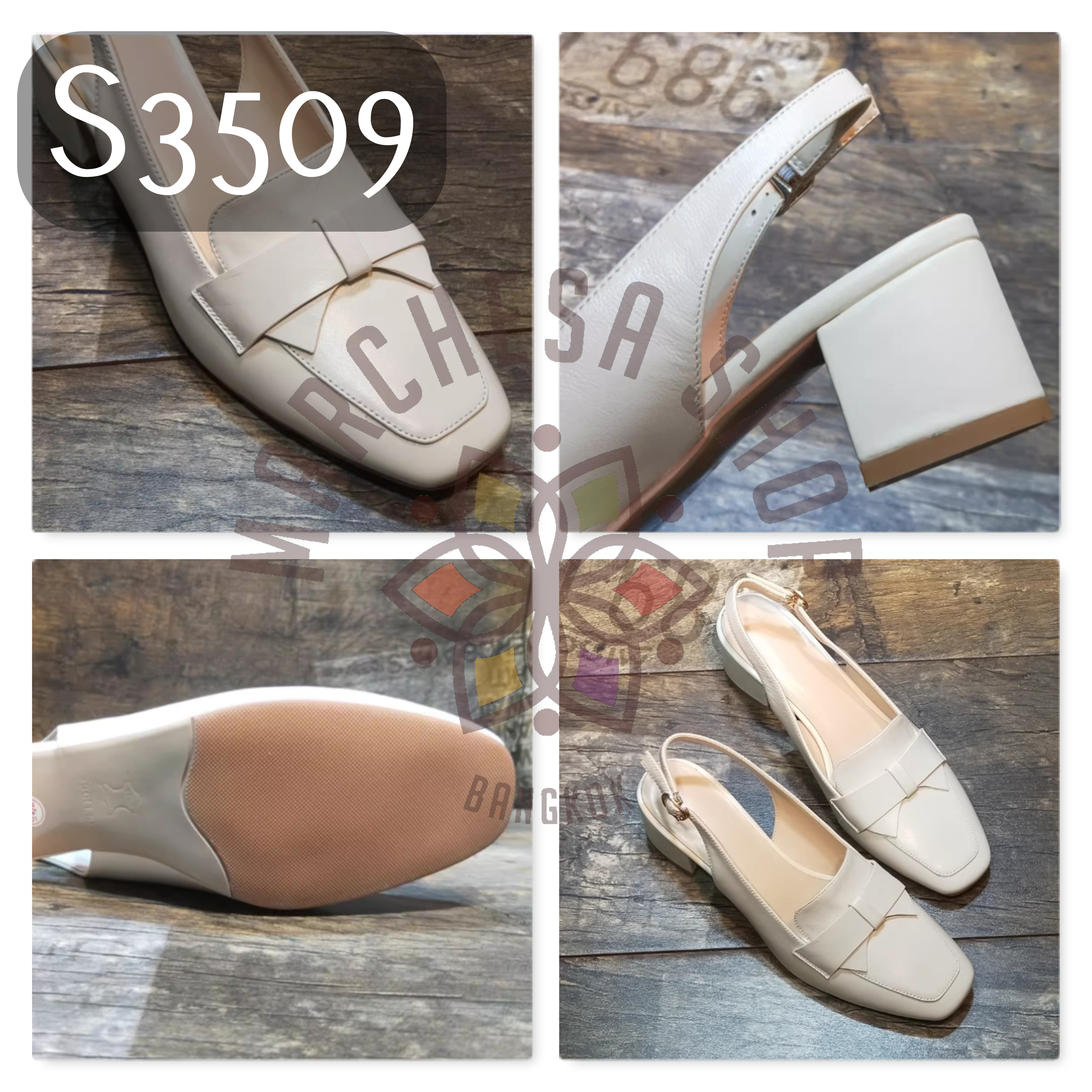 S3509 - 頭層牛皮簡約平結方頭高踭涼鞋