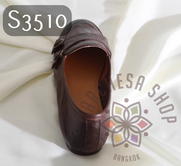 S3510 - 頭層小羊皮復古雙皮帶扣圓頭平底鞋