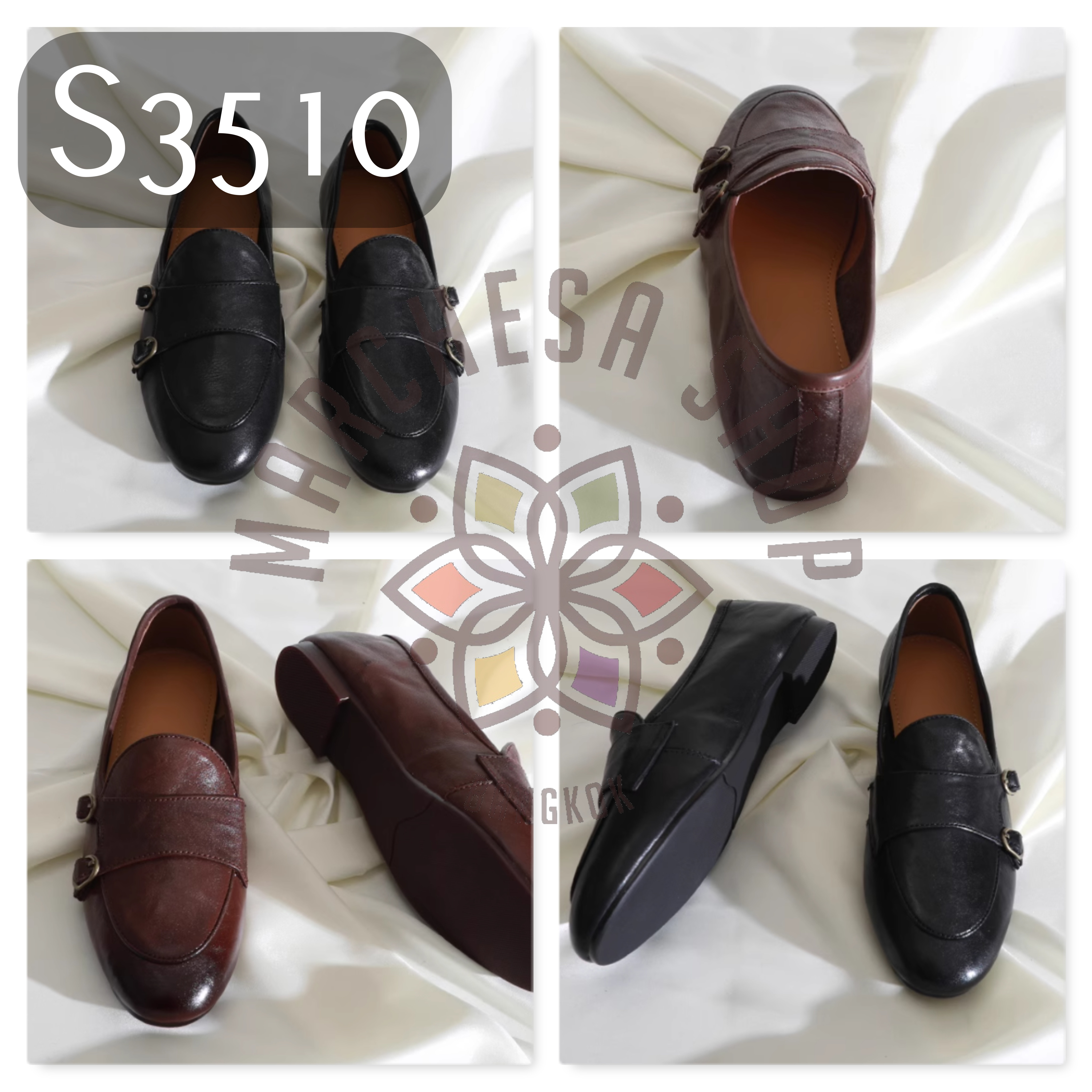 S3510 - 頭層小羊皮復古雙皮帶扣圓頭平底鞋