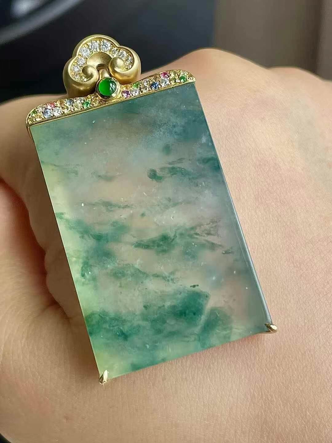 翡翠高冰飄花無事牌吊墜,天然翡翠A玉, 緬甸玉, Jade, Jadeite