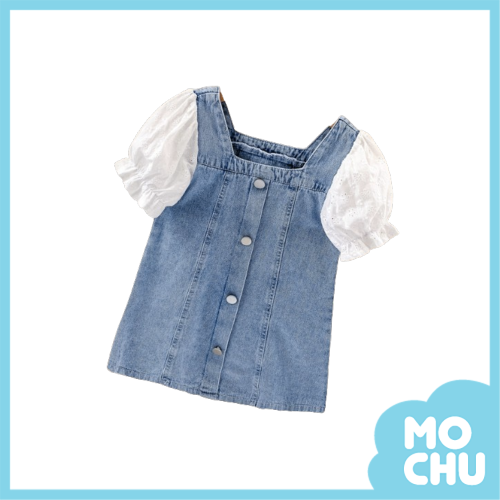 泡泡袖拼接牛仔連身裙