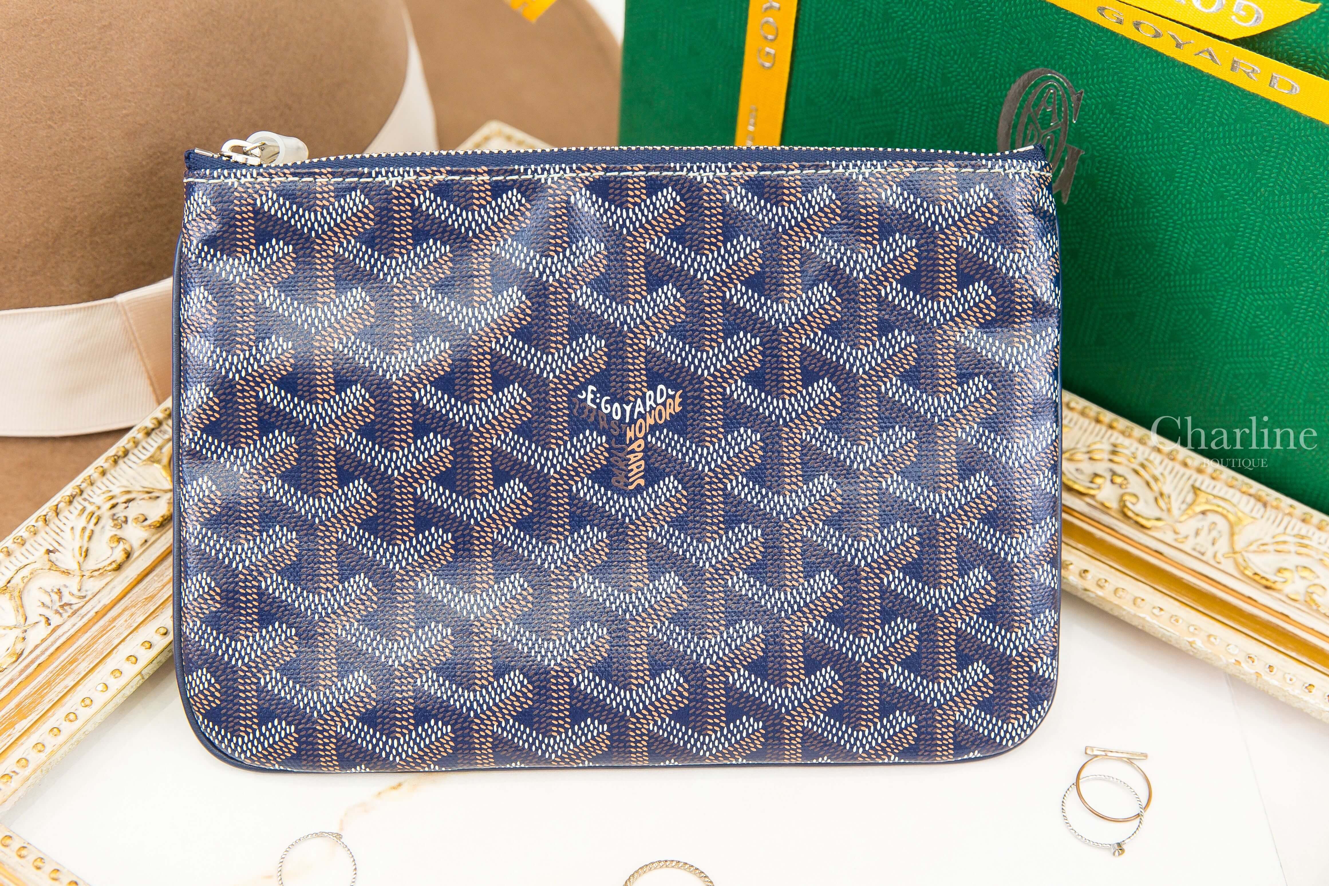 Goyard Sénat PM Pouch 海軍藍小型小牛皮黃色內裡銀色拉鍊零錢包