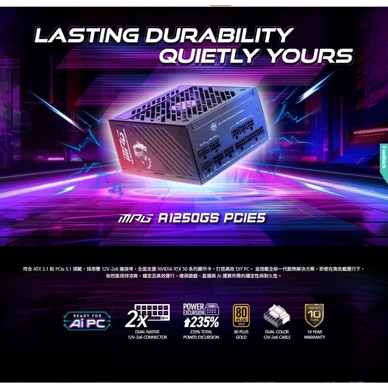 米特3C數位–MSI 微星 MPG A1250GS PCIE5 80 PLUS 金牌認證 電源供應器