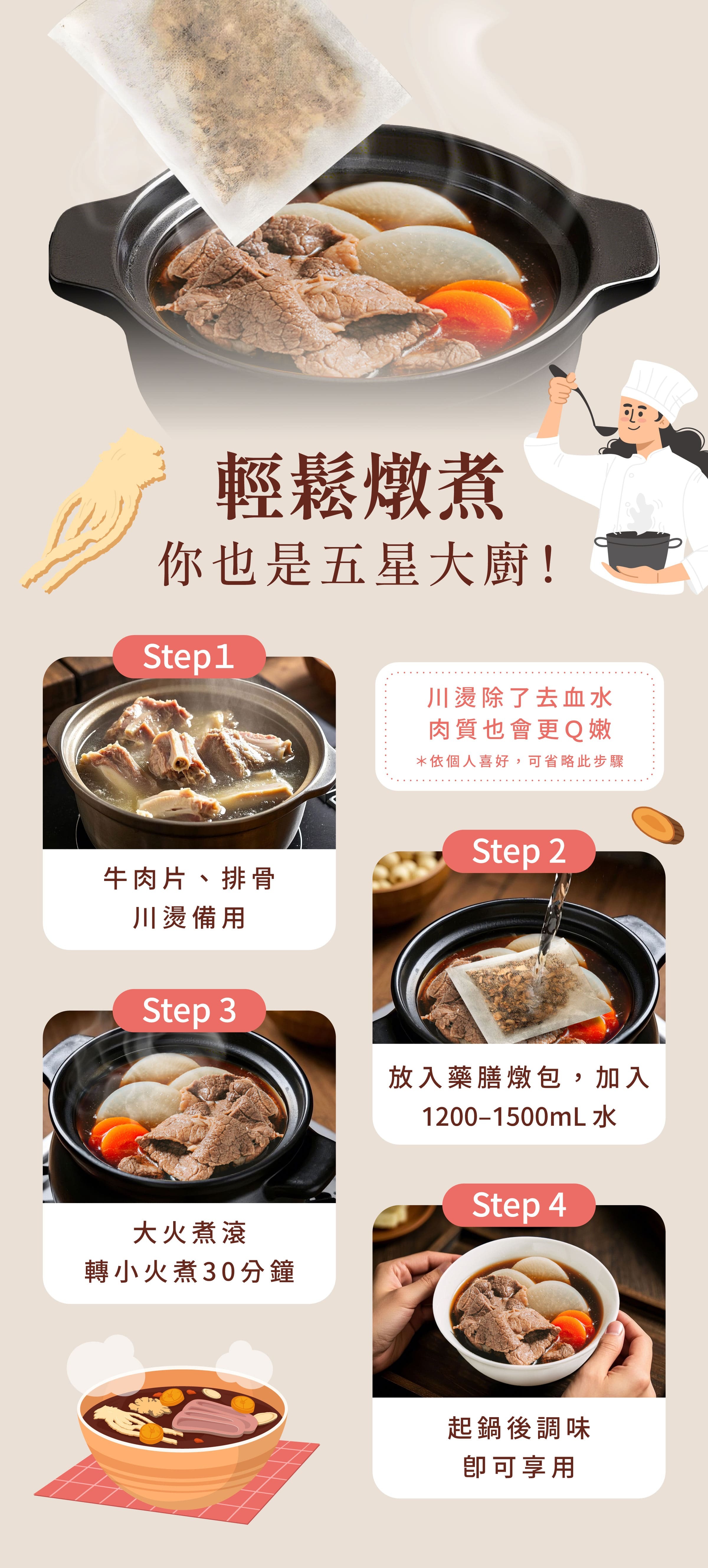 登義大力牛藥膳包燉煮步驟