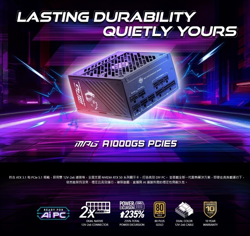 米特3C數位–MSI 微星 MPG A1000GS PCIE5 80 PLUS 金牌認證 電源供應器