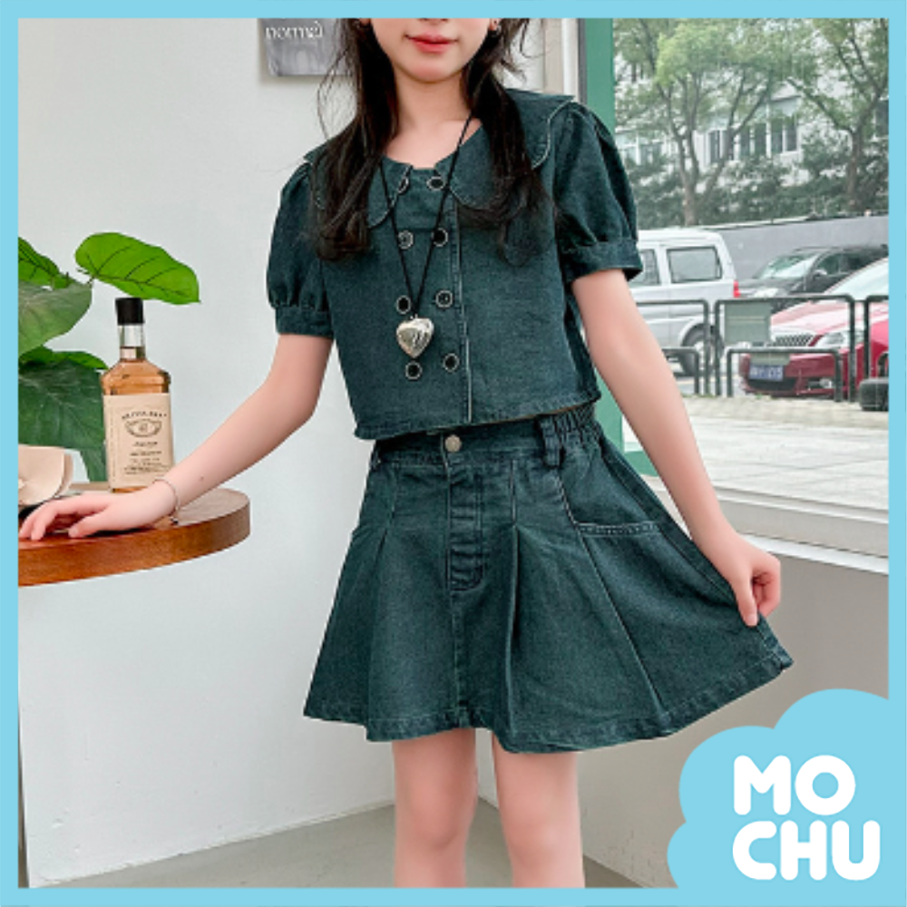 娃娃領排扣牛仔短裙套裝