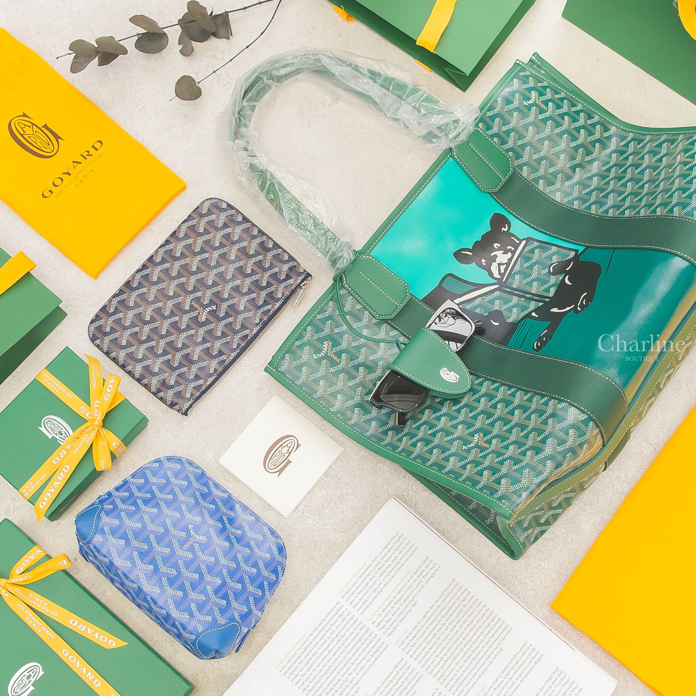 Goyard Vendôme 天空藍化妝包,Goyard Sénat PM 海軍藍零錢包,Goyard Croc Universel 綠色吊飾,Goyard Villette MM 綠色法鬥托特包-Charline Boutique 精品代購