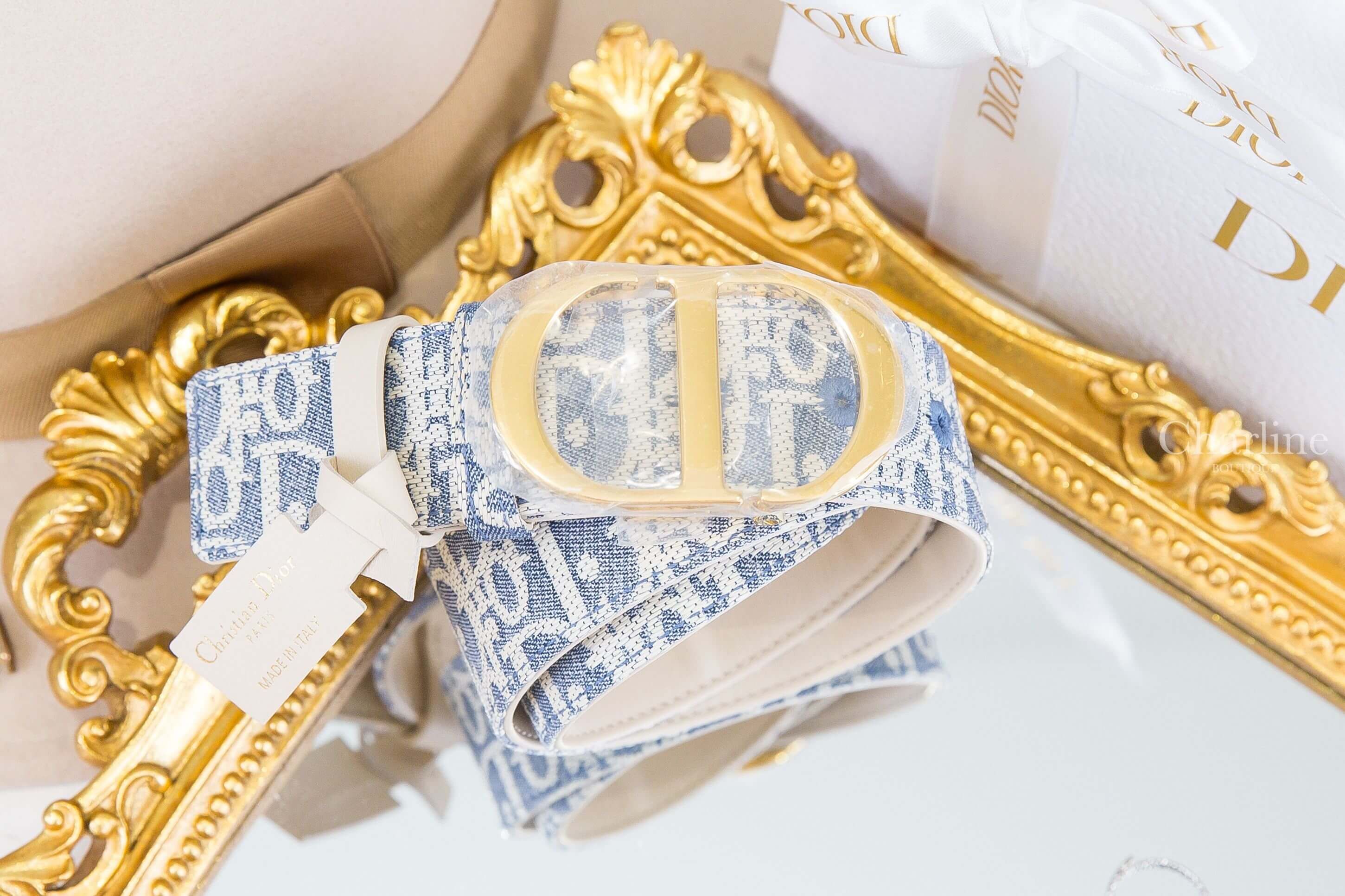 Dior 30 Montaigne Reversible Belt 淺藍色白色復古老花棉質提花織紋/白色牛皮金CD蒙田3.5cm皮帶