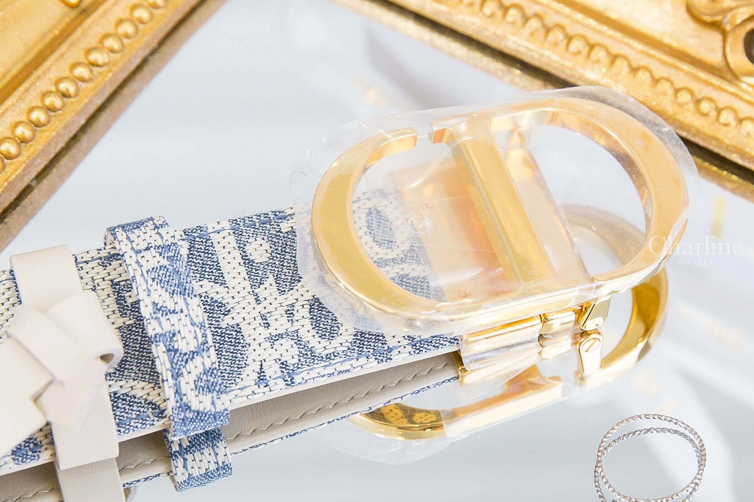 Dior 30 Montaigne Reversible Belt 淺藍色白色復古老花棉質提花織紋/白色牛皮金CD蒙田3.5cm皮帶