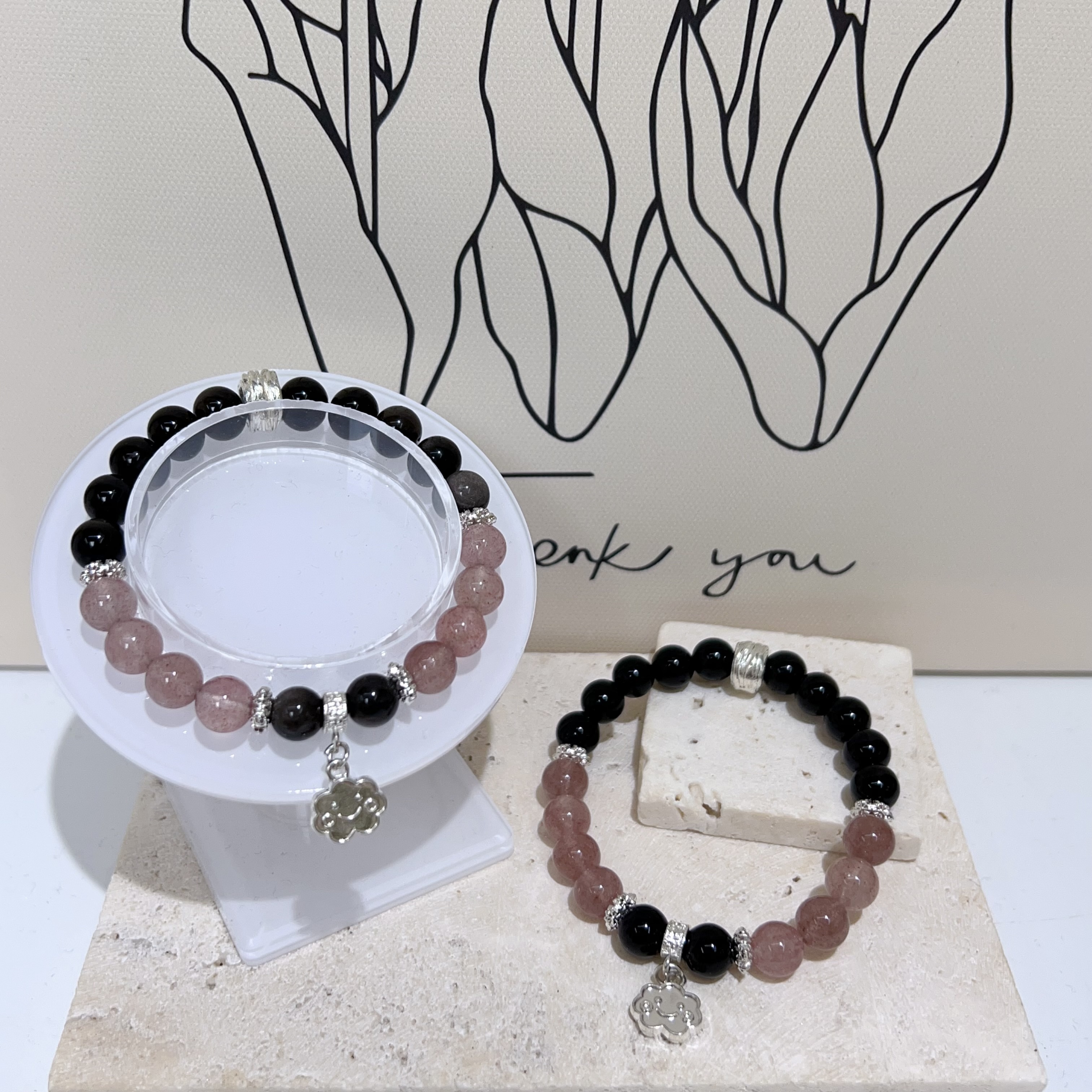 銀曜石拼草莓晶DIY手串 8mm