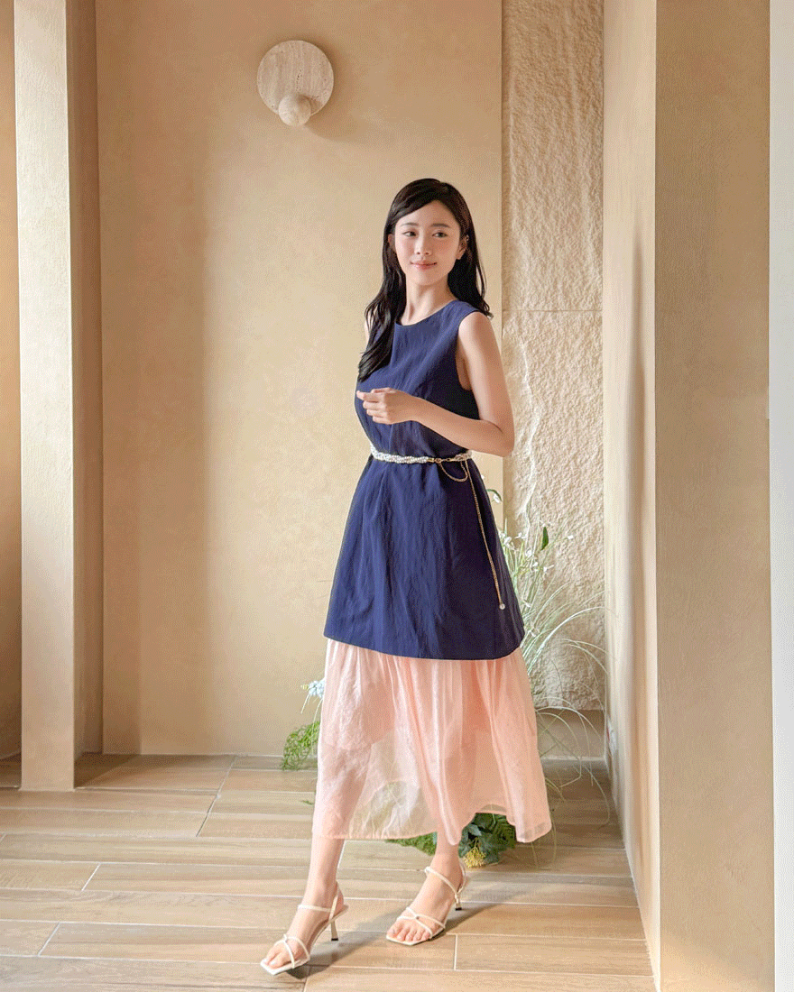 LINA LINA南法意象純色上衣壓摺長裙兩件組-藍X橘