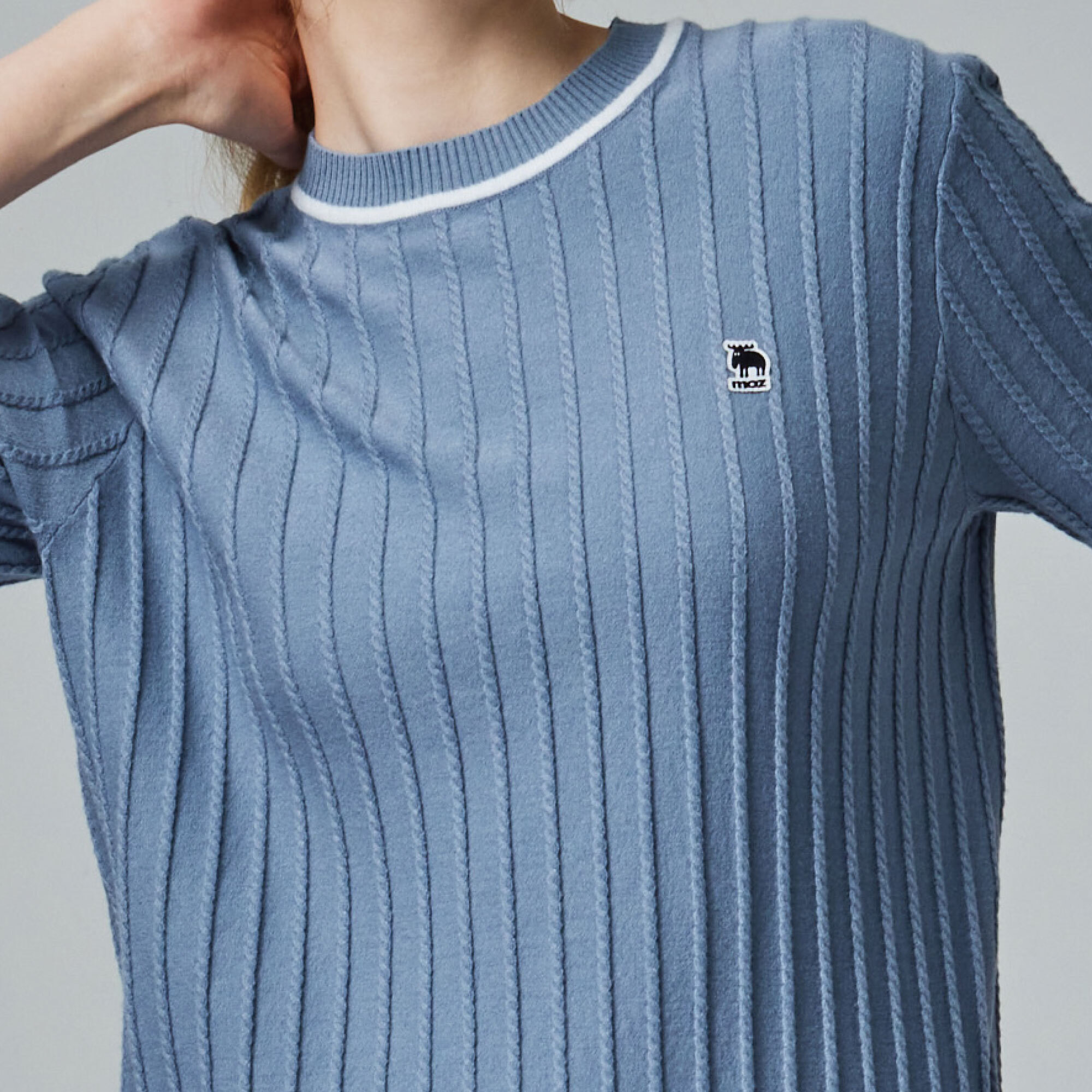 moz瑞典 駝鹿 親膚 圓領 針織短T-牛仔藍(亞洲版)女款