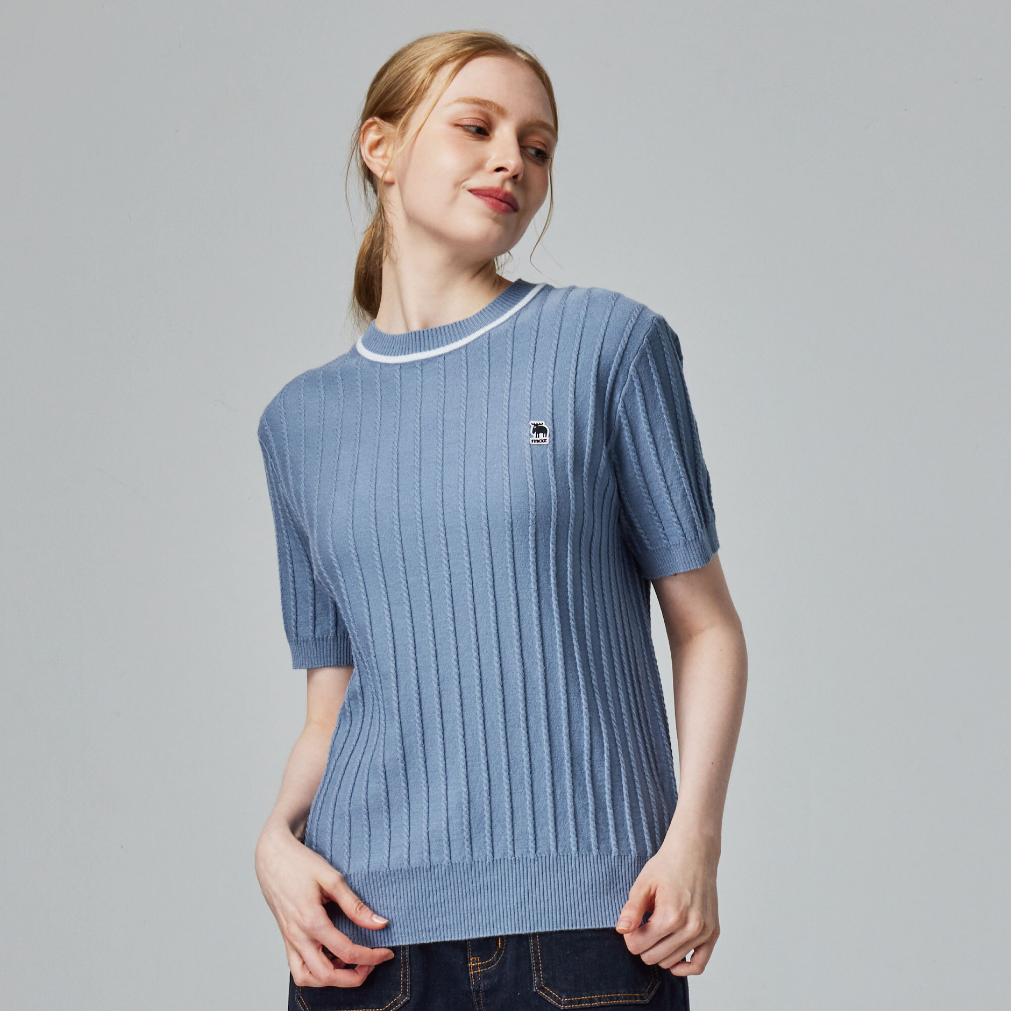 moz瑞典 駝鹿 親膚 圓領 針織短T-牛仔藍(亞洲版)女款