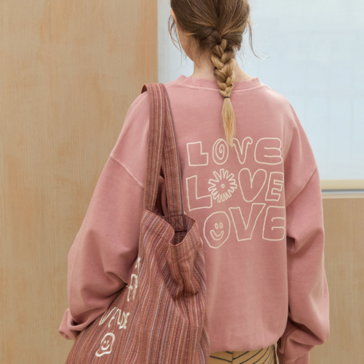 韓國 ooowl 洗舊色寬身大學踢 LOVE LOVE LOVE 粉