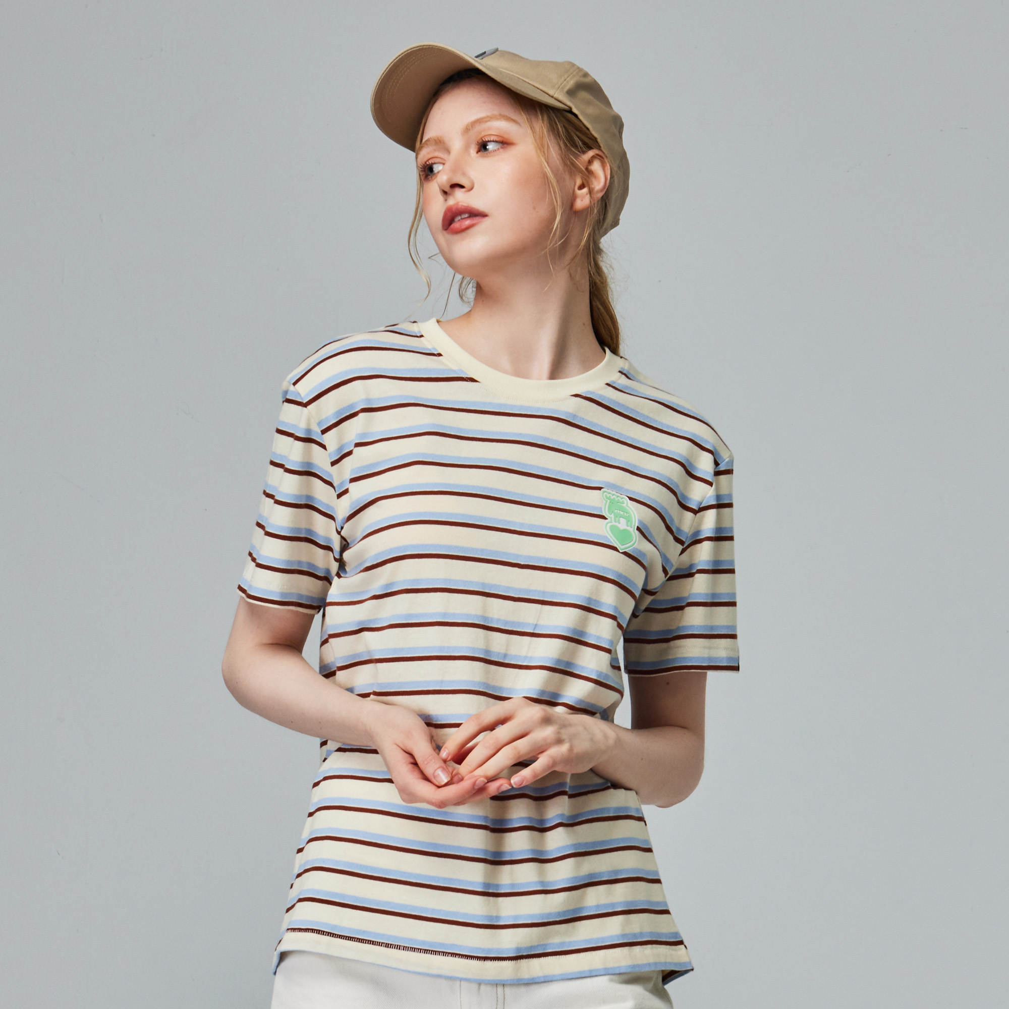 moz瑞典 駝鹿 愛心駝鹿 舒適柔棉 100%純棉條紋短T-米色條紋(亞洲版)女款