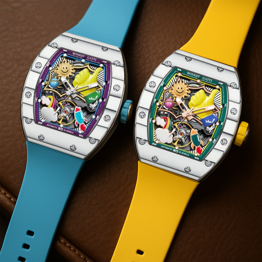 (預購)【Bonest Gatti 布加迪】BG9001 酒桶款 雙面鏤空 繽紛 童趣 3D立體卡通錶盤 20顆寶石軸承 夜光 碳纖維錶圈 機械錶
