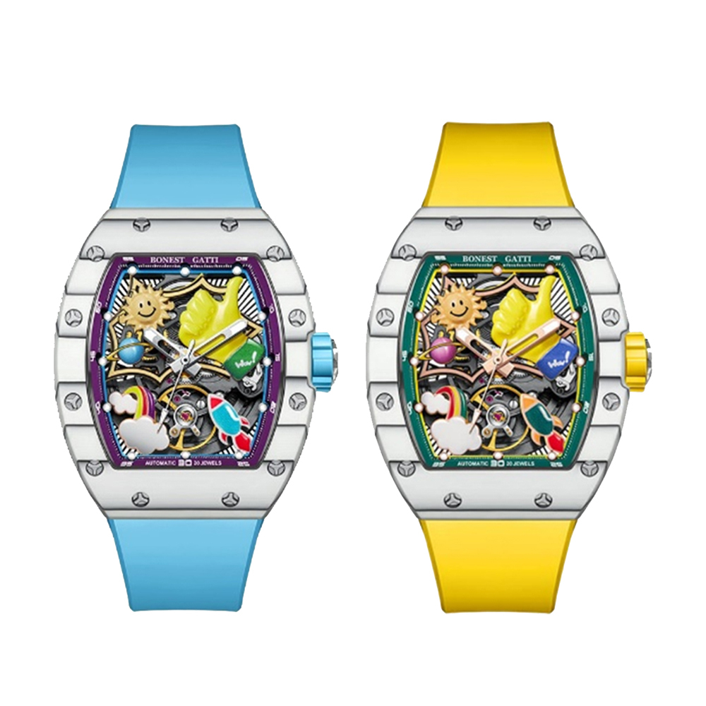 (預購)【Bonest Gatti 布加迪】BG9001 酒桶款 雙面鏤空 繽紛 童趣 3D立體卡通錶盤 20顆寶石軸承 夜光 碳纖維錶圈 機械錶