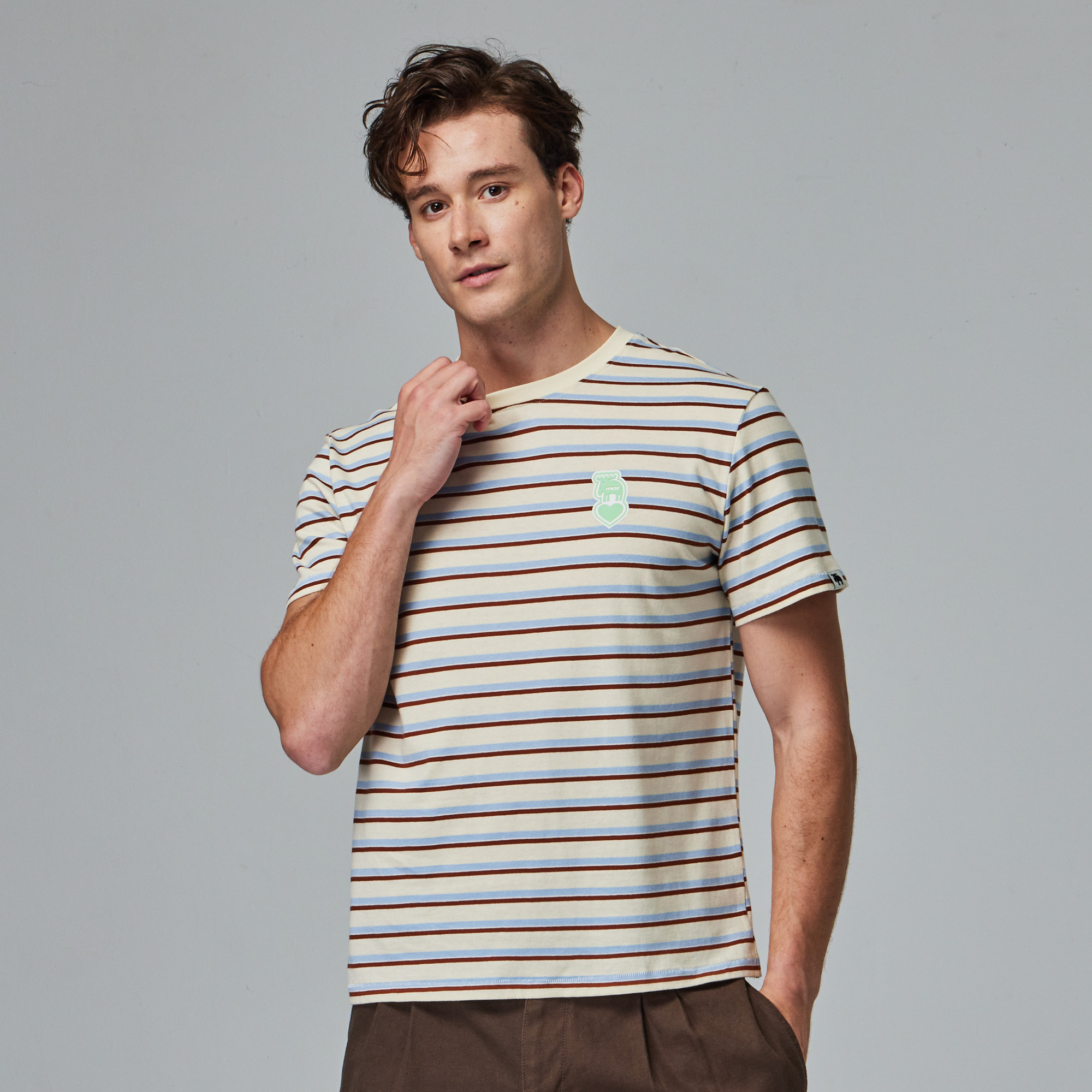 moz瑞典 駝鹿 愛心駝鹿 舒適柔棉 100%純棉條紋短T-米色條紋(亞洲版)男款