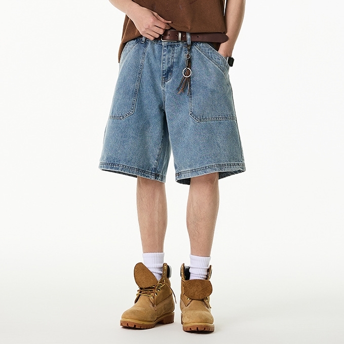 6M26 復古大口袋五分牛仔短褲 一色