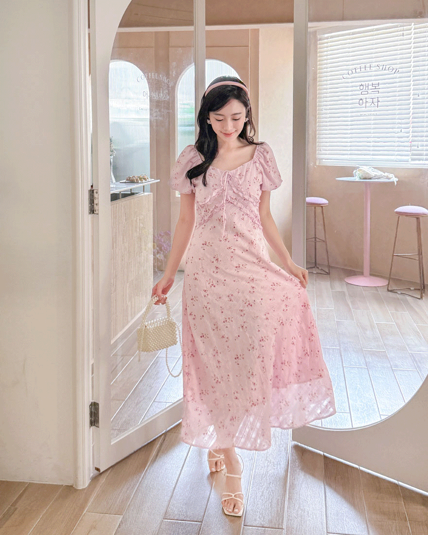 LINA LINA甜氛浪漫碎花條紋壓摺滾邊綁結洋裝-唯美粉S