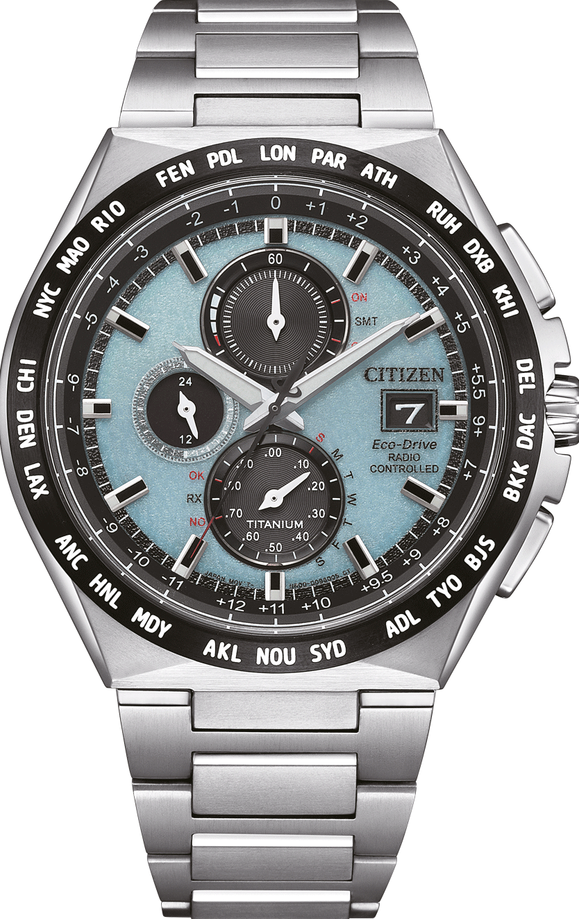 萬年鐘錶 - Citizen 星辰錶   冰藍面盤鈦金屬光動能電波男錶  AT8238-84M  錶徑43.5MM