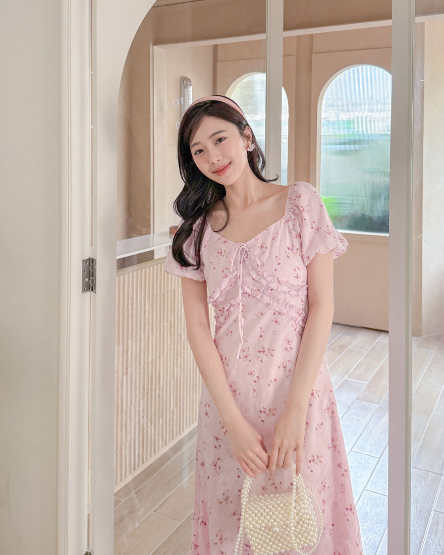 LINA LINA甜氛浪漫碎花條紋壓摺滾邊綁結洋裝-唯美粉S