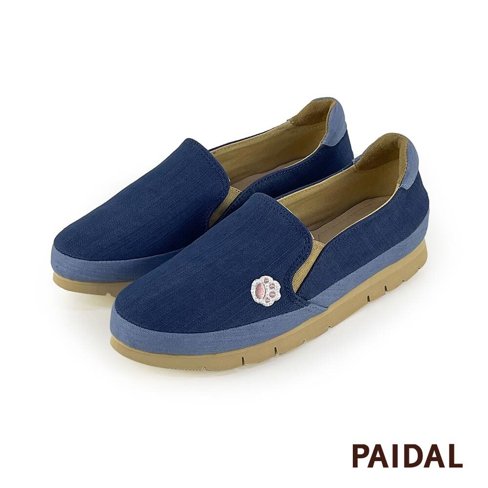 Paidal 喵掌拼接不彎腰微厚底休閒樂福鞋懶人鞋-深藍