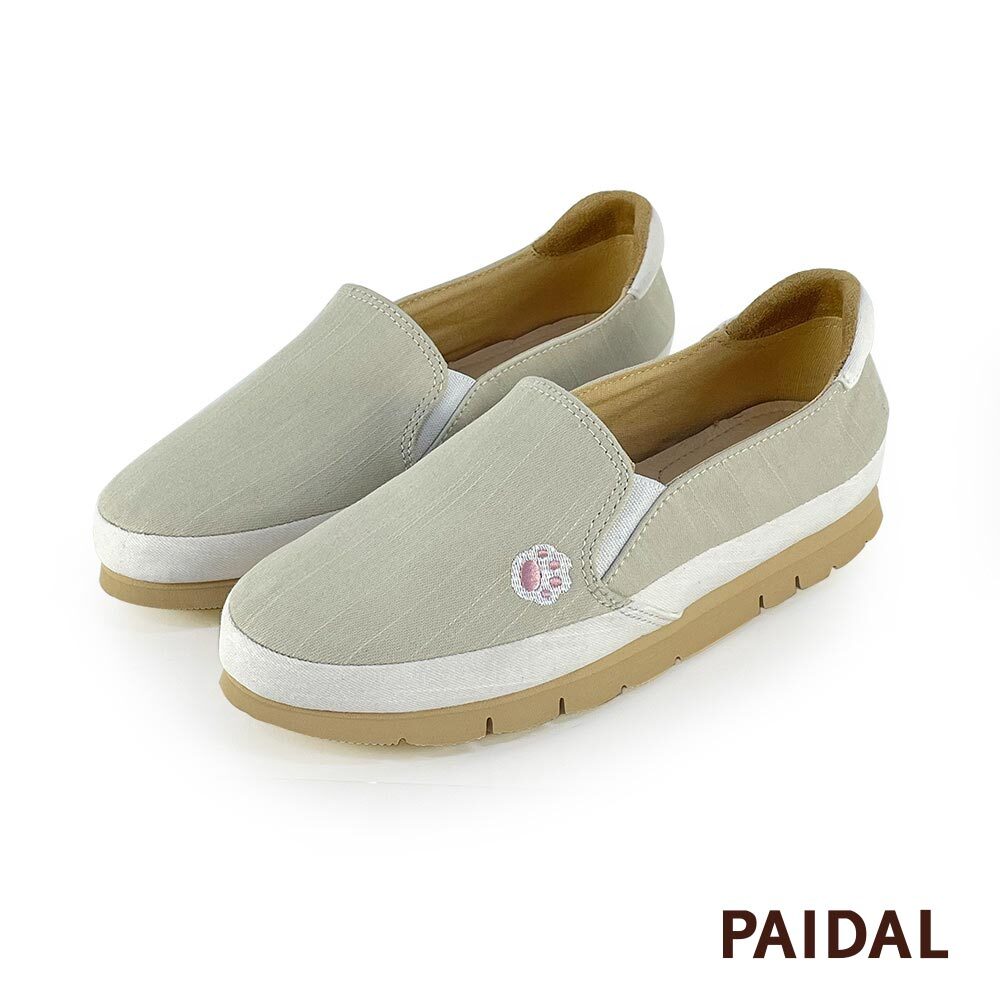 Paidal 喵掌拼接不彎腰微厚底休閒樂福鞋懶人鞋-米杏