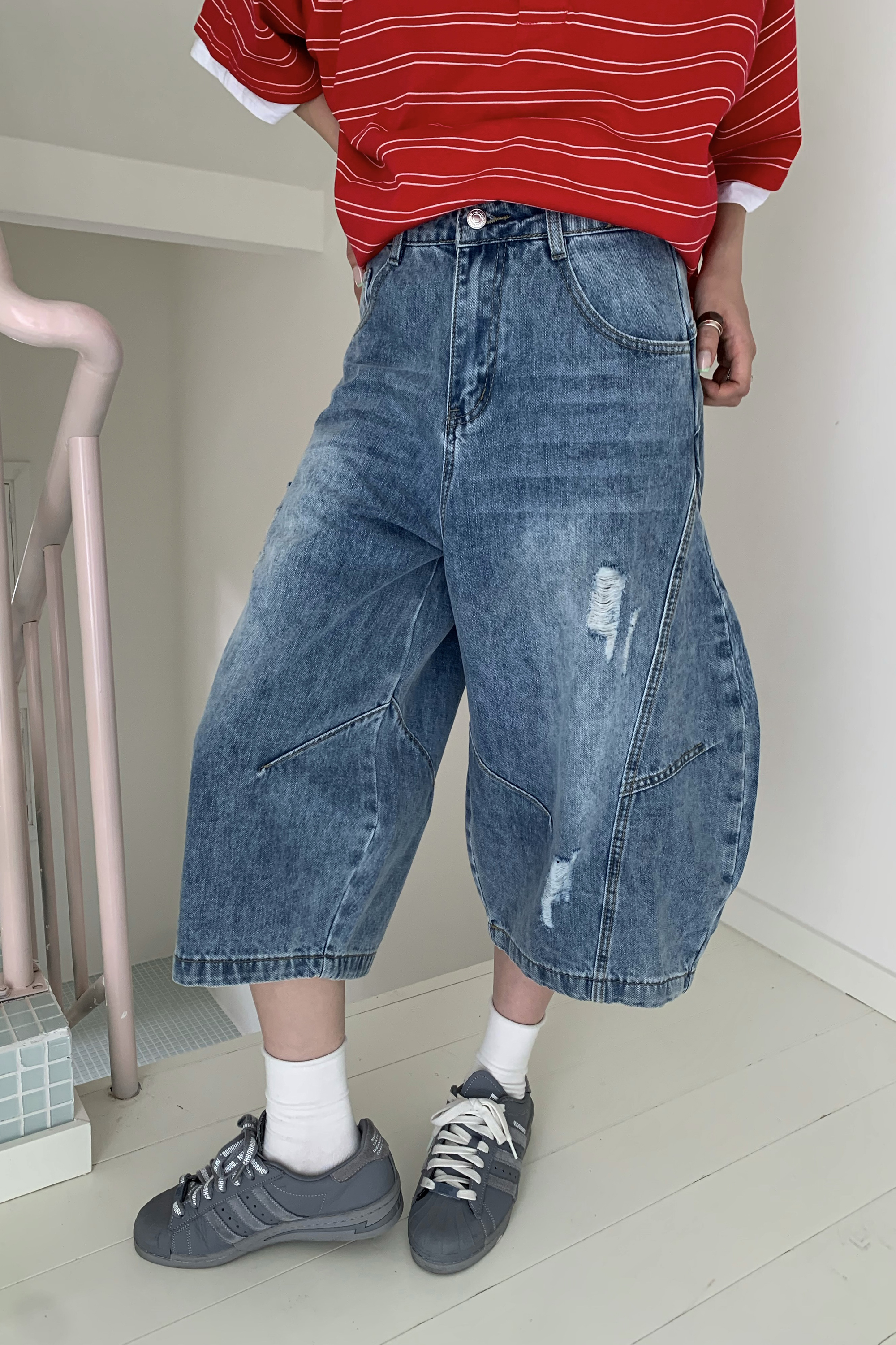 解構刷破彎刀牛仔七分褲 2色