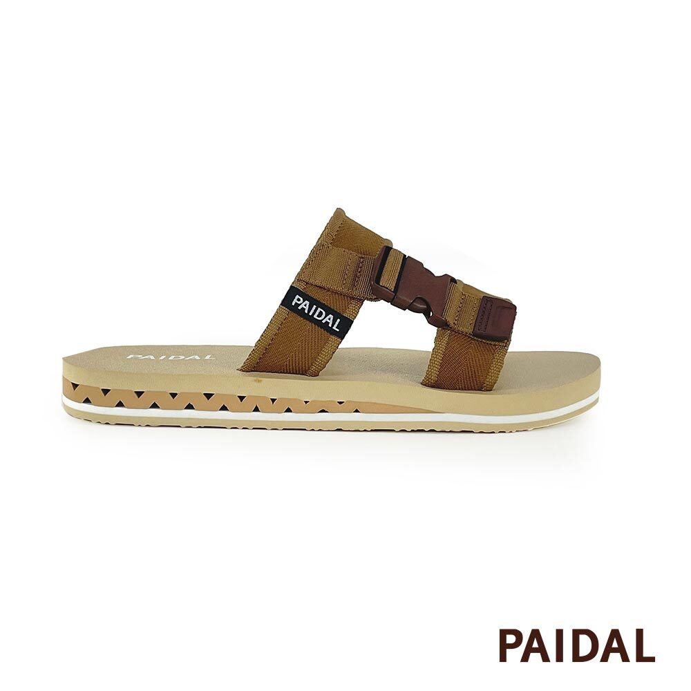 Paidal 男款織帶鞋面微厚底跳色棕忍者拖鞋-卡其