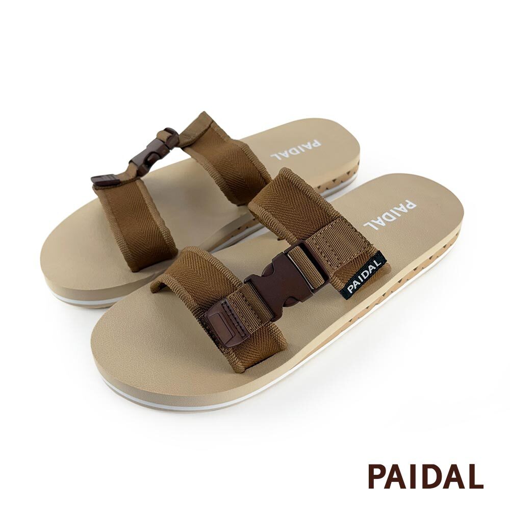 Paidal 男款織帶鞋面微厚底跳色棕忍者拖鞋-卡其