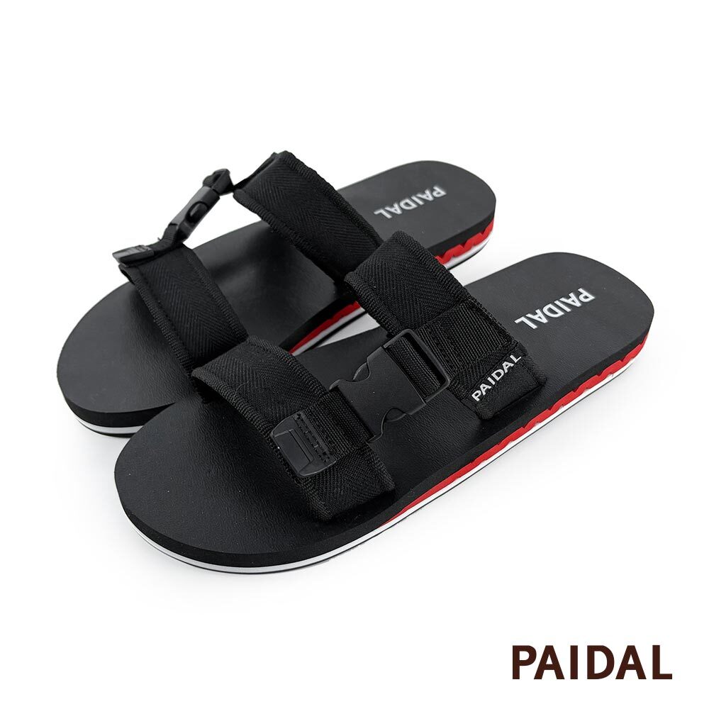 Paidal 男款織帶鞋面微厚底跳色紅忍者拖鞋-黑