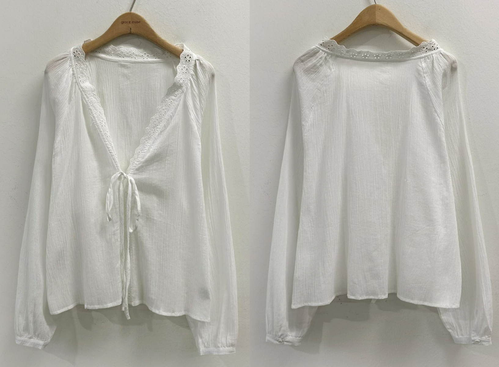 韓國grace muse授權 純淨透白浪漫織孔綁帶薄衫