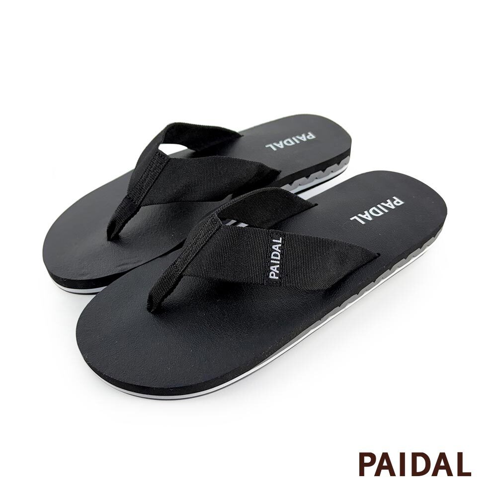 Paidal 男款織帶微厚底跳色灰夾腳拖鞋-黑