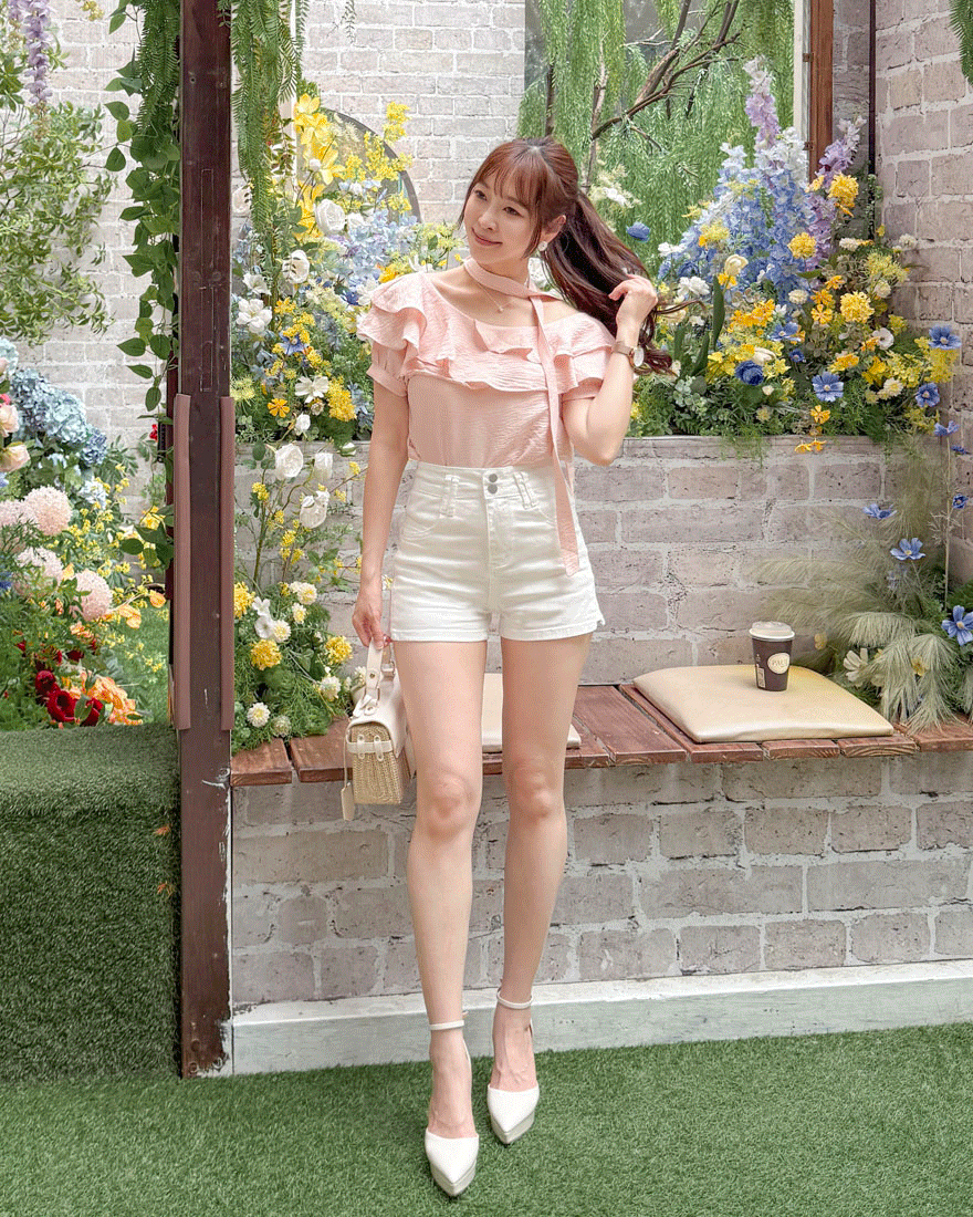 LINA LINA率性模式缺角造型排釦牛仔短褲-簡約白S-XL