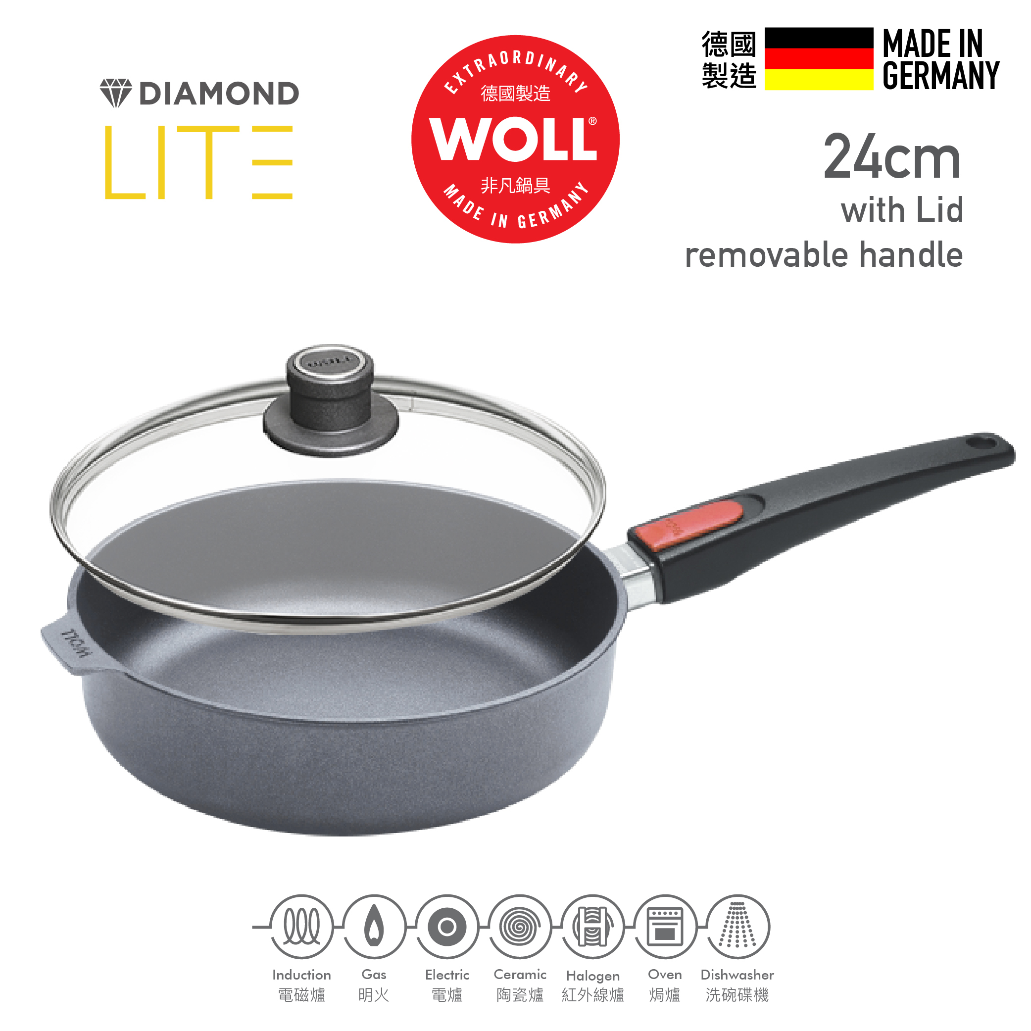 WOLL 輕．型鑽石系列 - 24cm 鑽石深煎鍋 (可拆式手柄，連玻璃鍋蓋)