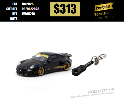 PO-$313 * TARMAC * 1:64 OSK Tools x RWB x Tarmac Works Bundle Set Include: 1pc RWB997 Black model car + 1pc 10mm Flex Ratcheting Wrench Keychain [OD27/05]